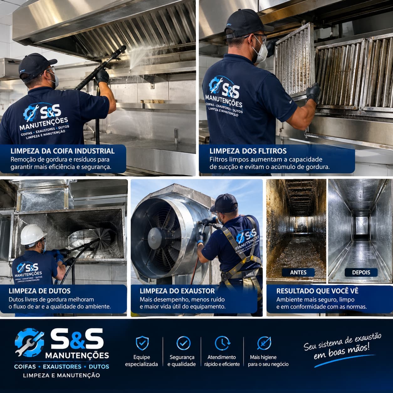 Material da S&S Manutenções com imagens de limpeza de coifas, filtros, dutos e exaustores e comparação de dutos antes e depois